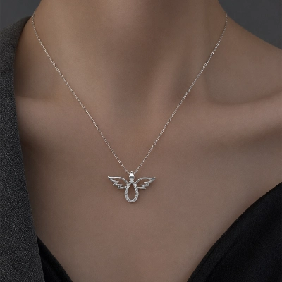 Silver Angel Wings Crystal Pendant Necklace